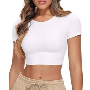 CRZ YOGA Butterluxe Double Lined Crew Neck Short Sleeve Contour Crop Top XS 0/2